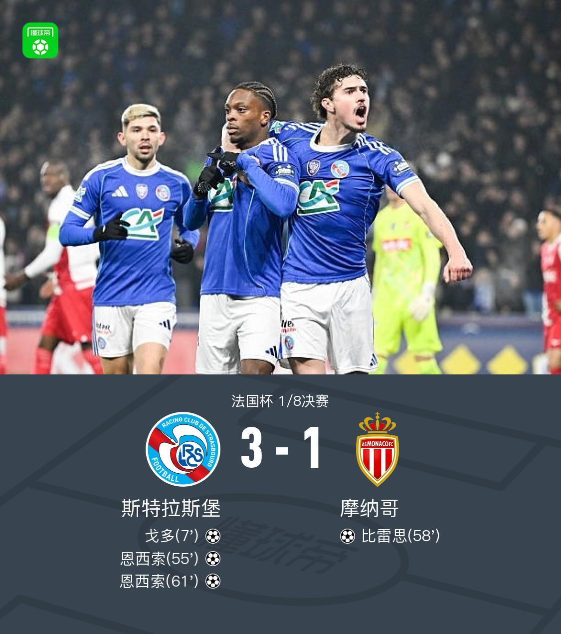 星空体育官网入口-斯特拉斯堡3-1摩纳哥晋级八强，恩西索双响，戈多、比雷思破门